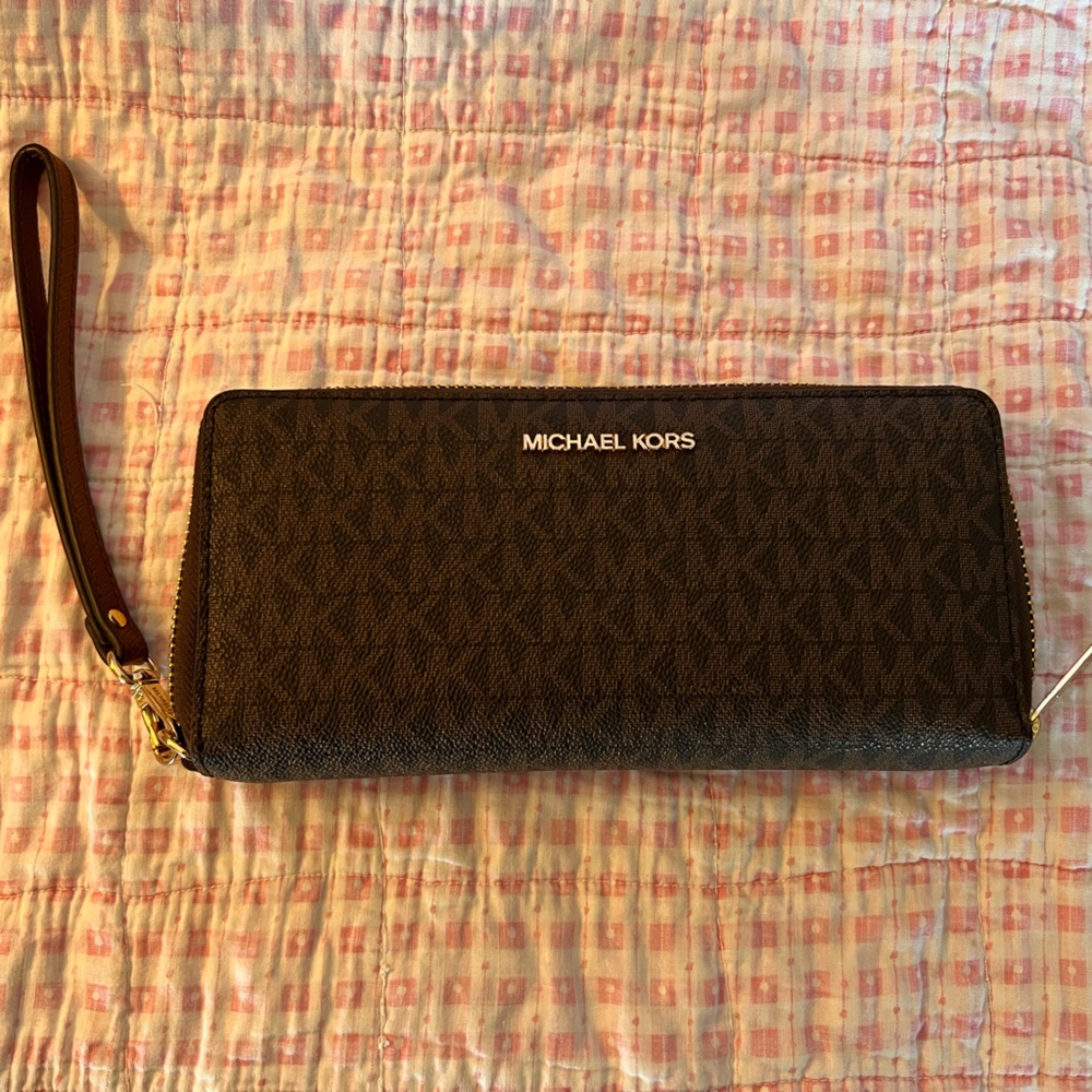 Michael Kors Dark Brown Wristlet with Gold Accents